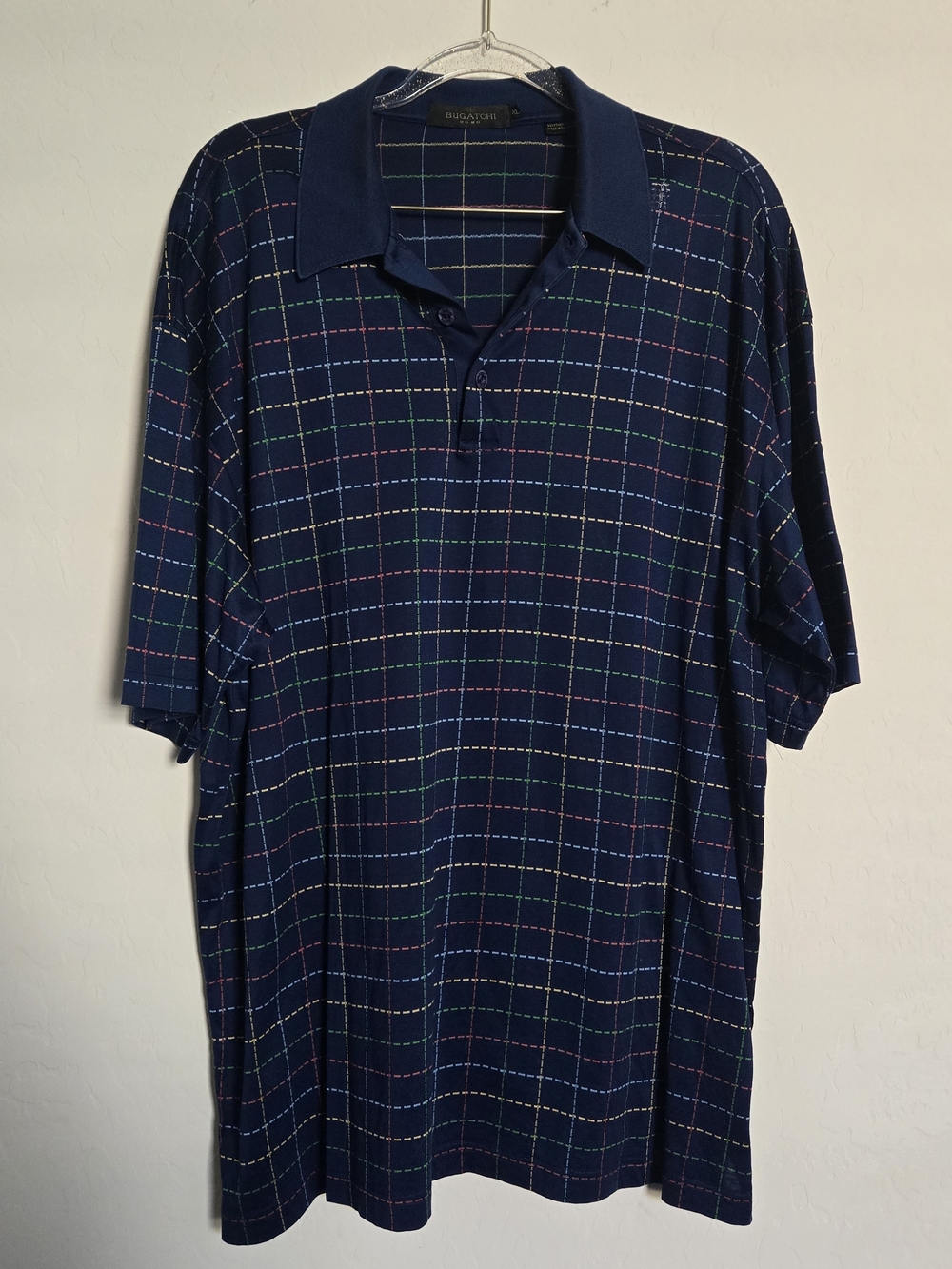 Bugatchi Navy Plaid Short-Sleeve Polo with Multicolor Windowpane